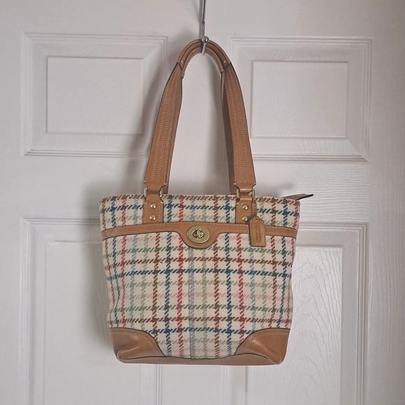COACH WOOL/LEATHER PLAID SHOULDER BAG - Picture 3 of 17